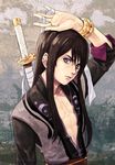  arm_up black_eyes black_hair bracelet grey grey_background jewelry long_hair male_focus natsuhiko sheath sheathed solo sword tales_of_(series) tales_of_vesperia weapon yuri_lowell 