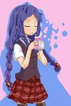  ayase_yue braid closed_eyes drinking drinking_straw hair_bobbles hair_ornament mahora_academy_middle_school_uniform mahou_sensei_negima! milk_carton moketa plaid purple_hair school_uniform skirt solo thighhighs twin_braids vest zettai_ryouiki 