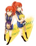  2girls bad_id bad_pixiv_id boots chastel_aiheap copyright_name doll flynn_scifo hisca_aiheap knee_boots multiple_boys multiple_girls ponytail red_hair ritsu_(artist) siblings sisters tales_of_(series) tales_of_vesperia tales_of_vesperia:_the_first_strike twins yellow_background yellow_eyes yuri_lowell 