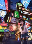  alley brown_eyes brown_hair city from_below hand_on_own_chest neon_lights night original outdoors road_sign school_uniform serafuku short_hair sign solo thighhighs toitoi508 