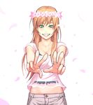  aqua_eyes bad_id bad_pixiv_id blouse cherry_blossoms flower foreshortening grin hair_ornament hands head_wreath long_hair midriff mustard_seeds navel orange_hair original outstretched_arms petals see-through simple_background smile solo teeth v yuuji_(and) 