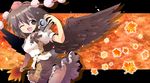  black_wings brown_eyes brown_hair camera hat kurogarasu looking_at_viewer open_mouth shameimaru_aya short_hair smile solo tokin_hat touhou wings 