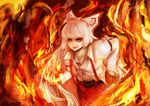  bad_id bad_pixiv_id bow eyelashes fire fujiwara_no_mokou hair_bow leaning_forward long_hair mak_(kainemaru) red_eyes silver_hair smile solo suspenders touhou very_long_hair 