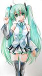  aqua_eyes aqua_hair detached_sleeves fragran0live hatsune_miku head_tilt long_hair necktie pointing skirt smile solo thighhighs traditional_media twintails vocaloid watercolor_(medium) 