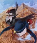  flying gen_4_pokemon honchkrow motsimo mountain mouth_hold nature no_humans pokemon pokemon_(creature) staraptor 