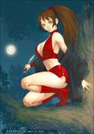  ariverkao boots breasts brown_eyes brown_hair covered_nipples full_moon high_heels knife large_breasts legs long_hair moon ninja one_knee original reverse_grip shoes smile solo tree 