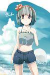  aioi_aoi alternate_costume bad_id bad_pixiv_id bare_shoulders blue_eyes bob_cut camisole casual denim denim_shorts flower ghost hair_flower hair_ornament hairband konpaku_youmu konpaku_youmu_(ghost) midriff navel ocean short_hair shorts silver_hair solo touhou 