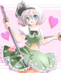  blue_eyes blush bow heart katana konpaku_youmu midriff nagare navel open_mouth sheath sheathed silver_hair solo sword touhou weapon 