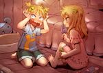  1girl barefoot blonde_hair blue_eyes bow bow_(bhp) brother_and_sister commentary embarrassed evil_grin evil_smile fang feet grin hair_bow hand_mirror holding_head long_hair mirror original pajamas short_twintails shorts siblings smile twins twintails 