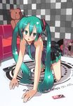  all_fours aqua_eyes aqua_hair digital_media_player hatsune_miku ipod long_hair necktie skirt solo stuffed_animal stuffed_toy teddy_bear very_long_hair vocaloid yada_ei 