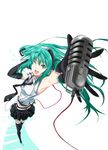  foreshortening gloves green_eyes green_hair hatsune_miku highres kuro_(jyupiter) long_hair microphone one_eye_closed smile solo thighhighs twintails vocaloid 