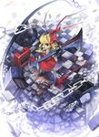  bat_wings blonde_hair blue_hair chain character_doll checkered checkered_floor crack flandre_scarlet floating floating_object foreshortening gua guitar hat highres instrument perspective ponytail red_eyes remilia_scarlet short_hair side_ponytail solo touhou wings 