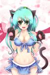  animal_ears bad_id bad_pixiv_id bare_shoulders bikini breasts cat_ears cat_tail cleavage frog front-tie_top gloves green_eyes green_hair hair_ornament hairband kemonomimi_mode kochiya_sanae large_breasts long_hair midriff navel open_mouth paw_gloves paw_pose paws snake solo swimsuit tail tomcho touhou 