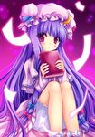  bad_id bad_pixiv_id bloomers blush book crescent hair_ribbon hat holding holding_book long_hair looking_at_viewer patchouli_knowledge purple_eyes purple_hair ratise red_eyes ribbon sitting solo touhou underwear 
