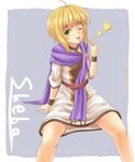  ;p ahoge bangs blonde_hair blunt_bangs bob_cut bracelet cape character_name closed_mouth dress eyebrows_visible_through_hair golden_sun green_eyes hair_twirling heart jewelry ma_nade one_eye_closed purple_cape shiba_(golden_sun) sitting sleeves_past_elbows smile solo spread_legs tongue tongue_out white_dress 