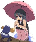  boots croagunk gen_4_pokemon highres hikari_(pokemon) imitating pink_footwear pokemon pokemon_(creature) puffy_cheeks simple_background squatting thighhighs umbrella yonayo 