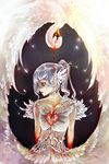  black_eyes blood choker dress feathers flower heart ponytail swan white_hair yuumei 