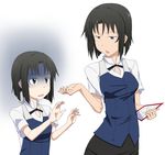  black_hair blue_eyes clipboard cosplay height_difference multiple_girls pencil_skirt ribonzu shaded_face shirafuji_kyouko shirafuji_kyouko_(cosplay) short_hair short_sleeves skirt white_background wig working!! yamada_aoi 