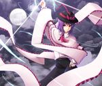  cloud frills gayprince hat highres lightning moon nagae_iku purple_hair red_eyes ribbon saturday_night_fever shawl solo touhou 