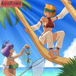  animal_ears argon bad_id bad_pixiv_id barefoot beach blue_eyes blush bra cat_ears cat_girl collar dark_skin day detached_sleeves eye_contact feet fish furry headband horizon jewelry light_rays lingerie looking_at_another multiple_girls ocean orange_eyes orange_hair original outdoors palm_tree purple_hair see-through short_hair smile snout sunbeam sunlight tree tribal underwear 