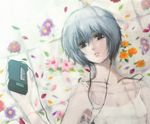  ayanami_rei blue_hair camisole earphones flower lying md5_mismatch neon_genesis_evangelion on_back red_eyes shanghai_man short_hair solo walkman 