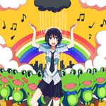  arms_up bad_id bad_pixiv_id beamed_eighth_notes black_eyes black_hair cloud eighth_note frog kosa_k musical_note necktie open_mouth original quarter_note rain rainbow school_uniform short_hair solo standing standing_on_one_leg wet 