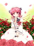  cosplay eyes finger_to_mouth flower hat heart highres komeiji_satori looking_at_viewer luna_child luna_child_(cosplay) niiya petals pink_hair red_eyes rose short_hair shushing solo third_eye touhou 