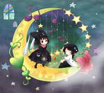  animal_ears animal_hat black_hair cat_ears cat_hat chibi closed_eyes crescent hat heart instrument multiple_girls music musical_note orange_lore original rainbow sitting star window 