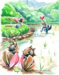  conversation farming gen_1_pokemon gen_3_pokemon grass harvesting hat marshtomp no_humans pokemon pokemon_(creature) poliwag rice sanshoku_iruka skitty spearow traditional_media watercolor_(medium) 