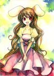  :d alternate_costume alternate_hair_length alternate_hairstyle animal_ears breasts brown_hair bunny_ears collarbone dress hands_clasped inaba_tewi long_hair older open_mouth own_hands_together purple_eyes smile solo touhou traditional_media tsuru very_long_hair watercolor_(medium) 