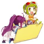  1girl 8'108 chibi fan folder folding_fan goggles goggles_on_head green_hair gumi kamui_gakupo long_hair lowres purple_hair very_long_hair vocaloid 