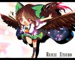  ayakashi_(monkeypanch) bow brown_hair cape eyes green_bow hair_bow letterboxed long_hair reiuji_utsuho solo touhou wings 