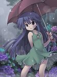  bangs blue_hair dress flower furude_rika green_skirt higurashi_no_naku_koro_ni hydrangea kurogarasu long_hair petticoat purple_eyes rain skirt solo sundress umbrella 