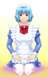  blue_hair dorae_tachibana_doryayev hands maid pantyhose red_eyes seiza short_hair sitting solo tsumanuda_fight_town ueyama_michirou white_legwear 