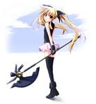  bardiche blonde_hair blush fate_testarossa flat_chest gloves grune hair_ribbon highres long_hair looking_back lyrical_nanoha mahou_shoujo_lyrical_nanoha mahou_shoujo_lyrical_nanoha_the_movie_1st red_eyes ribbon solo thighhighs twintails weapon 