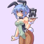  animal_ears bad_id bad_pixiv_id blue_hair blush breasts brown_eyes bunny_ears bunnysuit busou_shinki cleavage dd_(ijigendd) medium_breasts pantyhose ribbon short_hair solo strarf 