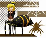  arachne bangs black_shirt blonde_hair blush bow brown_eyes bug eyebrows full_body hair_bow hands_clasped high_ponytail insect_girl interlocked_fingers kurodani_yamame kurodani_yamame_(spider) long_sleeves looking_at_viewer midriff monster_girl navel open_mouth own_hands_together polka_dot polka_dot_background shimuro_(mentsukidou) shirt short_hair short_ponytail solo spider spider_girl spider_web_background standing touhou vest 