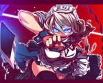  black_legwear blue_eyes bow braid breasts colorized glowing glowing_eyes hair_bow izayoi_sakuya knife large_breasts maid maid_headdress open_mouth panties pantyshot pocket_watch raion-san ribbon short_hair silver_hair solo thighhighs touhou twin_braids underwear uousa-ou watch wrist_cuffs 