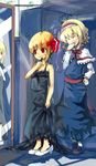  :&lt; alice_margatroid alternate_costume blonde_hair dress frown high_heels laughing lipstick makeup mirror multiple_girls murani oversized_clothes rumia shoes short_hair touhou 