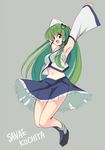 armpits detached_sleeves green_hair hair_ornament jumping kochiya_sanae long_hair midriff seo_tatsuya skirt solo touhou 