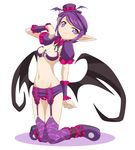  bat_wings clam_curry garter_belt hat highres kneeling lamica mini_hat mini_top_hat pointy_ears purple_eyes purple_hair queen's_blade queen's_blade_spiral_chaos revealing_clothes short_hair solo thighhighs top_hat wings 