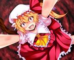  :d ashima_takumi blonde_hair fangs flandre_scarlet frills from_above hat looking_at_viewer open_mouth pov red_eyes side_ponytail smile solo touhou 