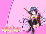  black_legwear blue_hair bow hair_bow highres long_hair miniskirt noihara_himari omamori_himari panties pantyshot purple_eyes sitting skirt solo sword thighhighs underwear wallpaper weapon 