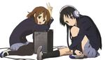  akiyama_mio amplifier cd_player fender headphones highres hirasawa_yui k-on! kneeling leg_hug multiple_girls official_art open_mouth pantyhose round_teeth school_uniform sezaki_rie shoes sitting smile teeth uwabaki v 