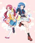  :d ;d black_legwear blue_hair flower hanasaki_tsubomi heartcatch_precure! holding_hands kurumi_erika legs midriff multiple_girls navel one_eye_closed open_mouth polka_dot precure shoes shorts smile socks thighhighs utamaru_(konomix) v white_legwear 