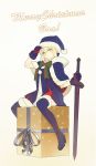  1girl artoria_pendragon_(all) beige_background black_gloves blonde_hair boots box cape dark_excalibur fate/grand_order fate_(series) fur_trim gift gift_box gloves hat high_heels highres holding holding_sword holding_weapon looking_at_viewer santa_alter santa_hat simple_background sitting solo sword thigh_boots thighhighs tim_loechner weapon yellow_eyes 