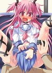  1girl angel_beats! asa_no_ha blue_hair blush cunnilingus fang hetero hinata_(angel_beats!) leg_grab long_hair open_mouth oral pink_eyes pink_hair pussy_juice school_uniform serafuku tears thigh_strap two_side_up yui_(angel_beats!) 