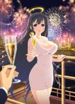  1girl alcohol black_hair blue_eyes breasts champagne champagne_flute city city_lights cleavage covered_navel cup dress drink drinking_glass drinking_straw fireworks halo holding holding_cup jewelry large_breasts long_hair looking_at_viewer necklace night official_art open_mouth ryouki_(senran_kagura) senran_kagura senran_kagura_new_wave smile solo_focus very_long_hair yaegashi_nan 