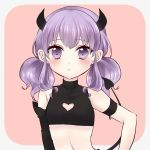  1girl bangs bare_shoulders black_shirt blush brown_background chitosezaka_suzu commentary_request crop_top demon_girl demon_horns demon_tail eyebrows_visible_through_hair grey_background horns long_hair looking_at_viewer original purple_eyes purple_hair shirt sleeveless sleeveless_shirt solo tail tail_raised two-tone_background upper_body 