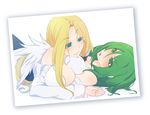  asymmetrical_docking blonde_hair blue_eyes breast_press breasts character_request copyright_request dougan_calpis_con dutch_angle green_eyes green_hair huge_breasts multiple_girls open_clothes open_shirt photo_(object) shirt yuri 